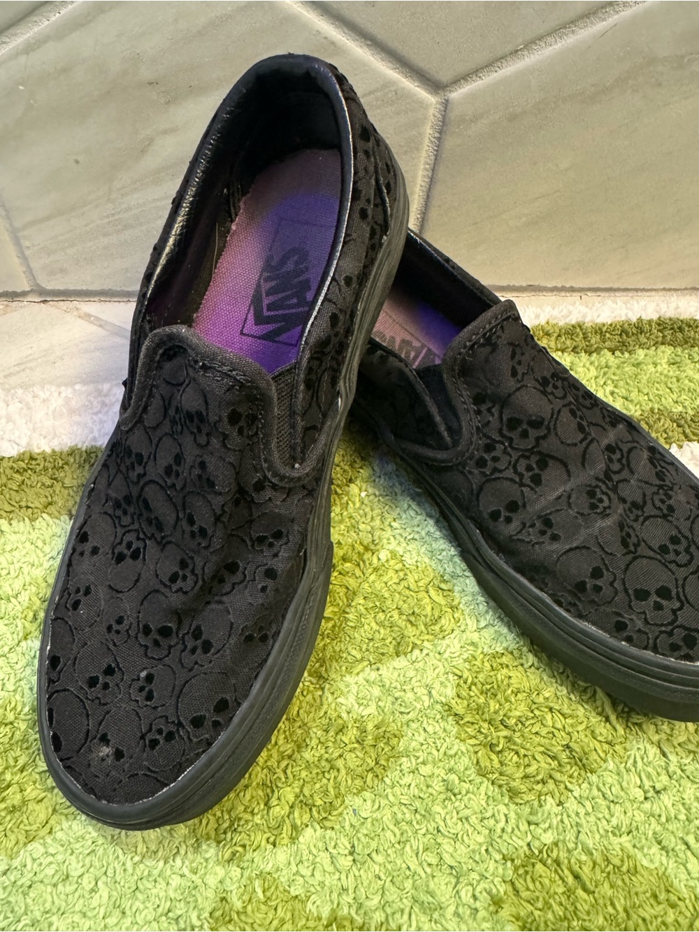 Vans Women’s Black Flocked Skull Lace Slip-On Sneakers